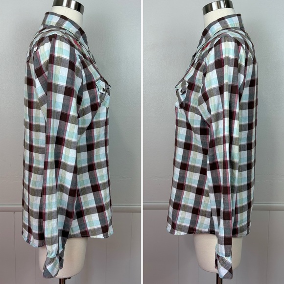 Shyanne Cotton Western Snap Front Brown Plaid Shirt Sz L Floral Embroidery Rodeo - Picture 13 of 17